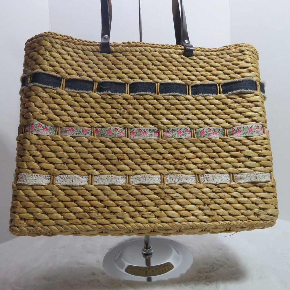 Roxy Straw Tweed Braided Beach Tote Bag Summer Handbag Cottage Core Beach Cruise - Picture 2 of 8